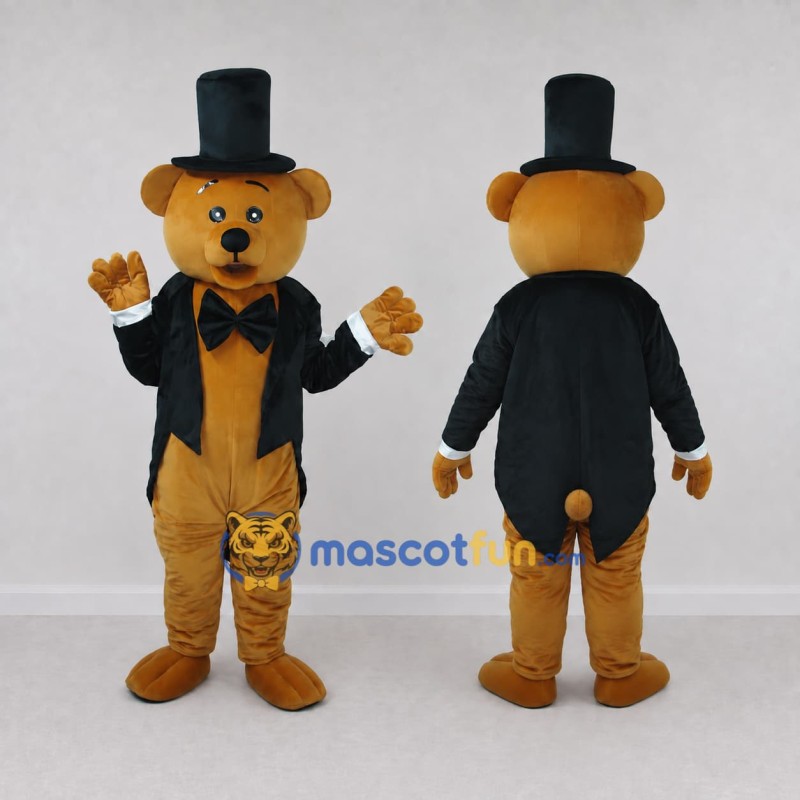 Custom Golden Brown and Black Top Hat Bear Mascot Costume Adult Full Body Suit for Themed Events