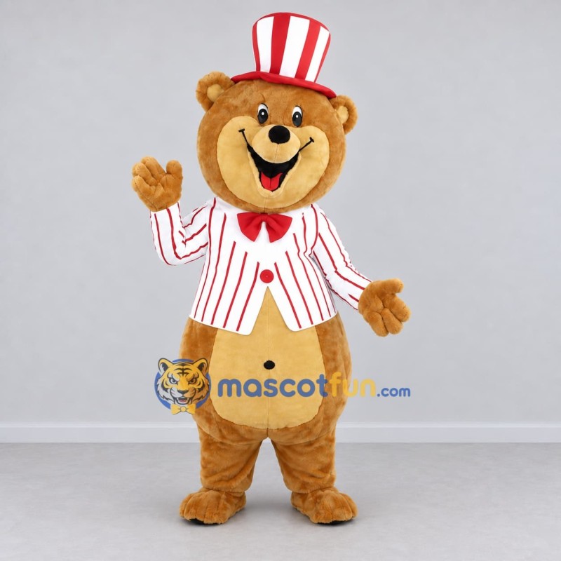 Custom Golden Brown Red and White Top Hat Bear Mascot Costume Adult Full Body Suit for Parades Custom Golden Brown Red and White Top Hat Bear Mascot Costume Adult Full Body Suit for Parades