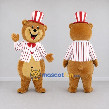 Custom Golden Brown Red and White Top Hat Bear Mascot Costume Adult Full Body Suit for Parades