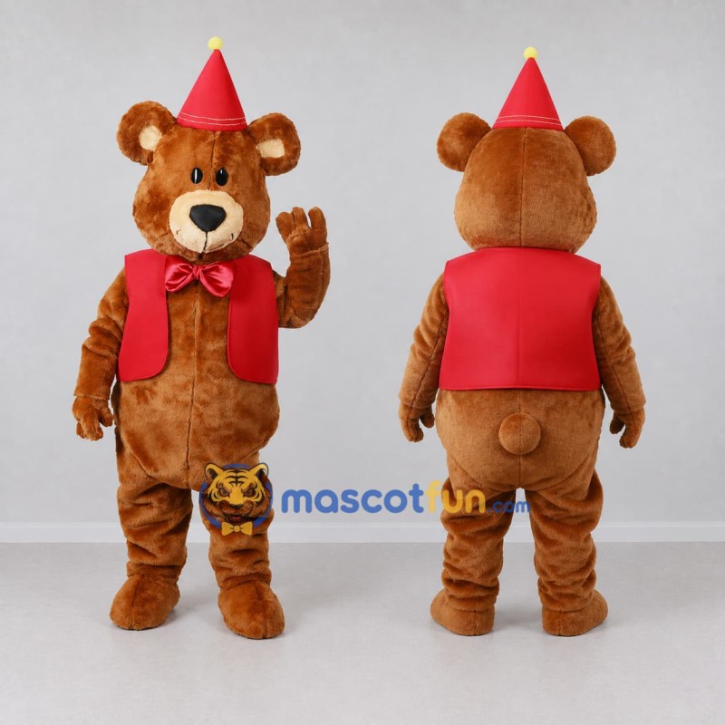 Custom Brown and Red Party Bear Mascot Costume Adult Full Body Suit for Birthday Parties Custom Brown and Red Party Bear Mascot Costume Adult Full Body Suit for Birthday Parties