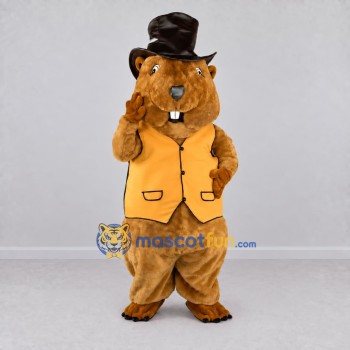 Custom Golden Brown and Black Top Hat Beaver Mascot Costume Adult Full Body Suit for Themed Events Custom Golden Brown and Black Top Hat Beaver Mascot Costume Adult Full Body Suit for Themed Events