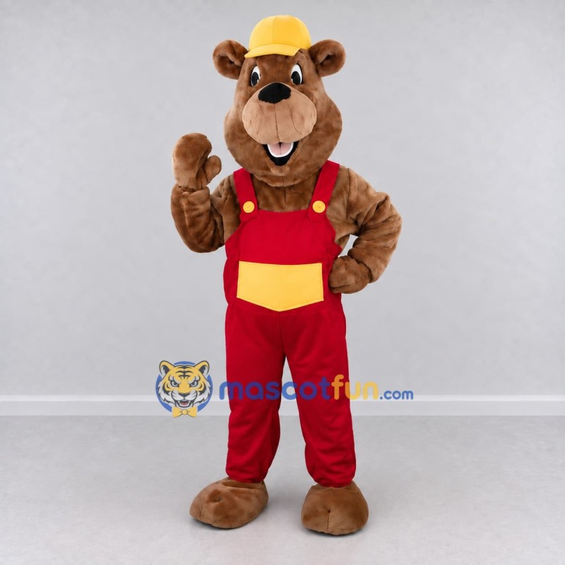 Custom Brown Red and Yellow Worker Bear Mascot Costume Adult Full Body Suit for Community Events