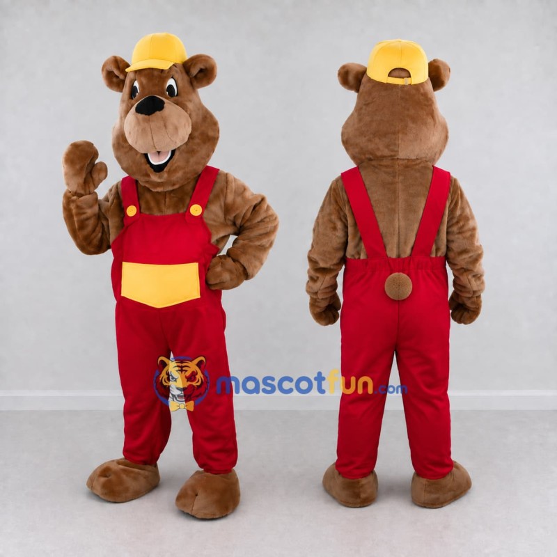 Custom Brown Red and Yellow Worker Bear Mascot Costume Adult Full Body Suit for Community Events
