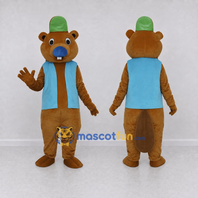 Custom Brown Blue and Green Beaver Mascot Costume Adult Full Body Suit for School Events