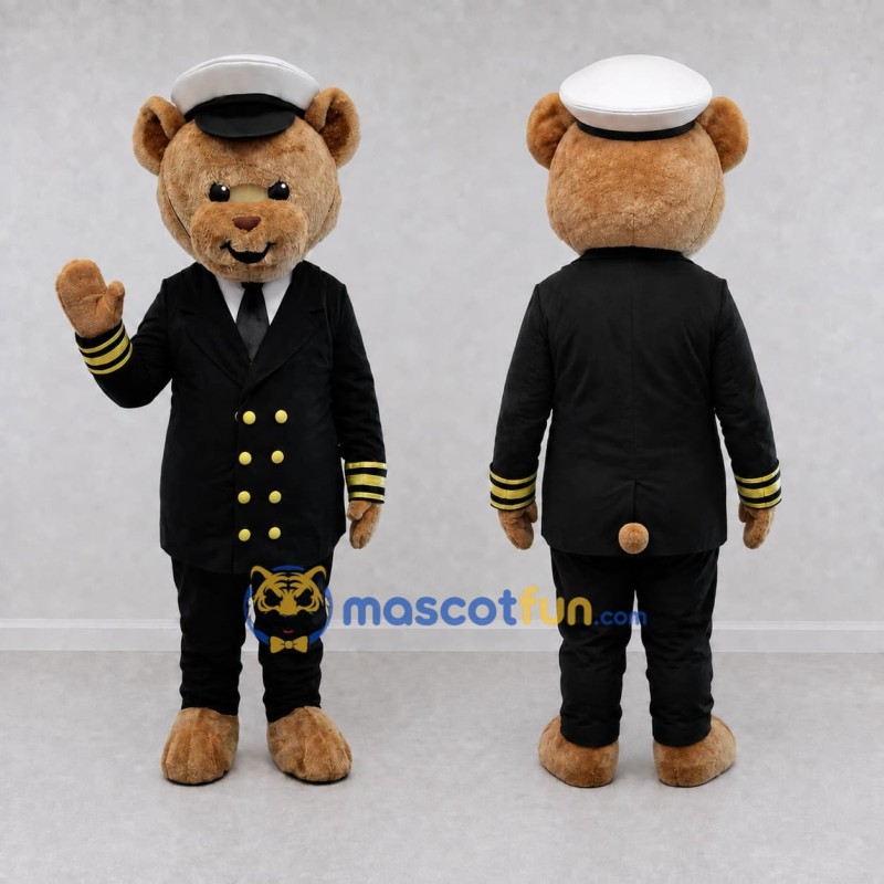 Custom Tan Black and White Captain Bear Mascot Costume Adult Full Body Suit for Nautical Events Custom Tan Black and White Captain Bear Mascot Costume Adult Full Body Suit for Nautical Events