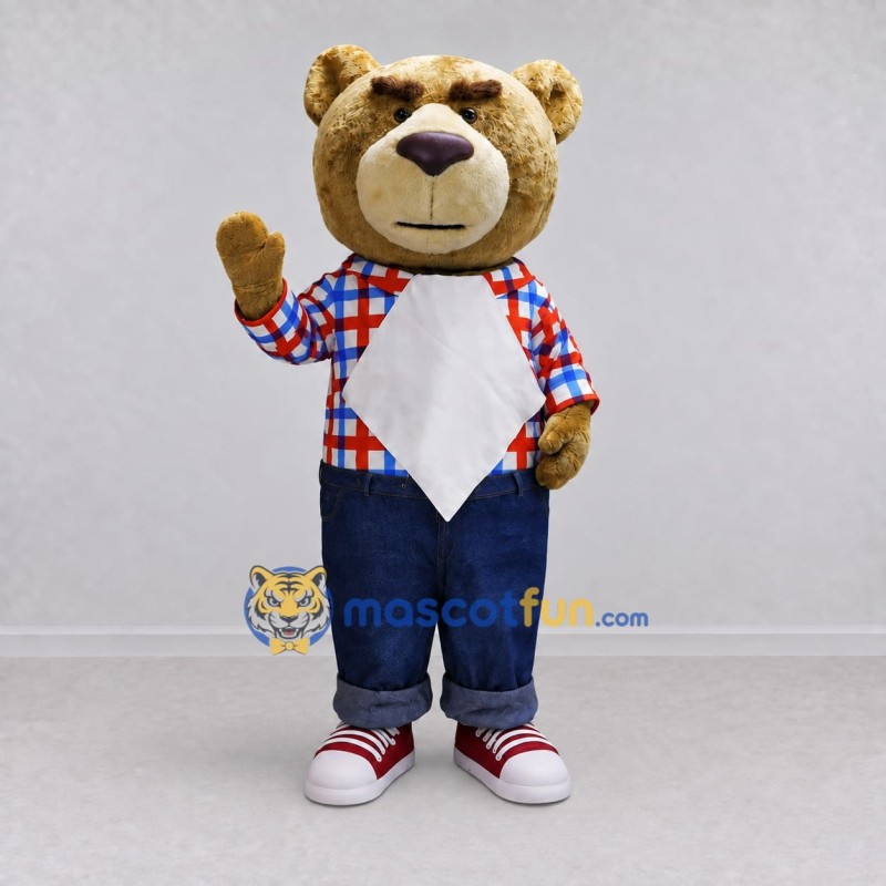 Custom Tan Red and Blue Bear Mascot Costume Adult Full Body Suit for School Events Custom Tan Red and Blue Bear Mascot Costume Adult Full Body Suit for School Events