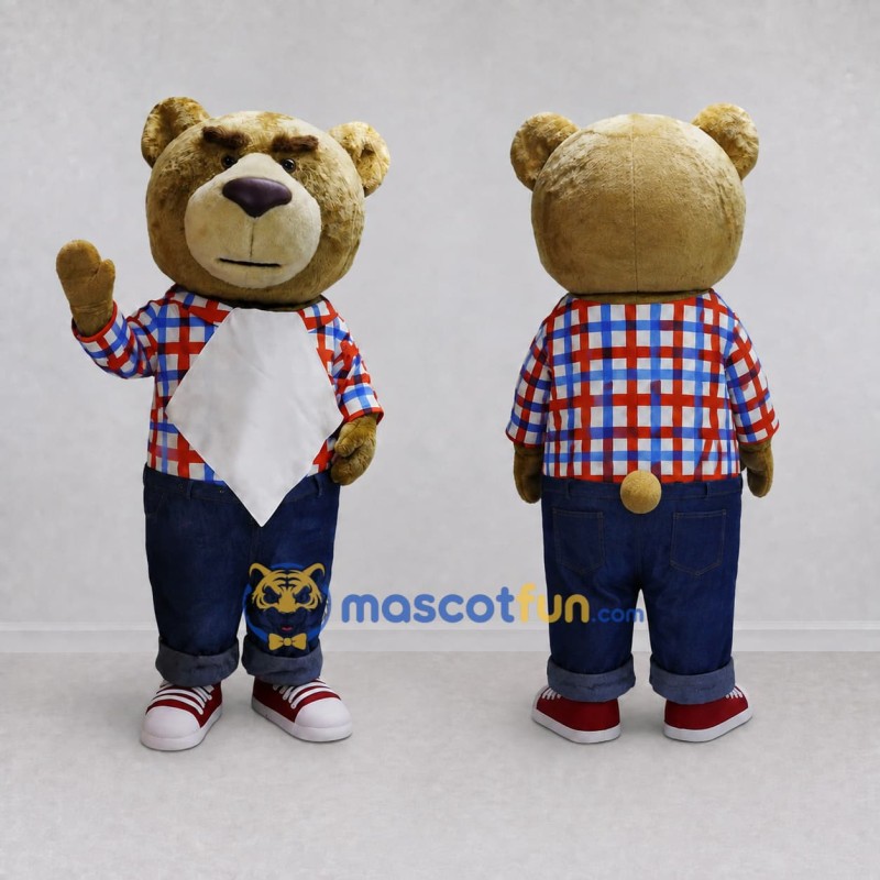 Custom Tan Red and Blue Bear Mascot Costume Adult Full Body Suit for School Events Custom Tan Red and Blue Bear Mascot Costume Adult Full Body Suit for School Events