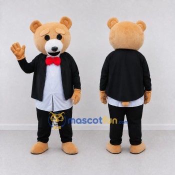 Custom Tan Black and White Tuxedo Bear Mascot Costume Adult Full Body Suit for Themed Events