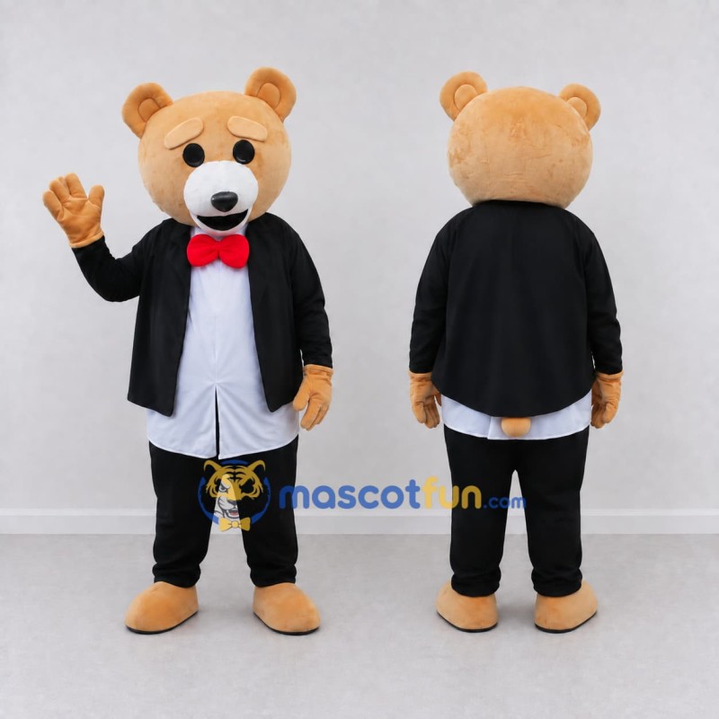 Custom Tan Black and White Tuxedo Bear Mascot Costume Adult Full Body Suit for Themed Events Custom Tan Black and White Tuxedo Bear Mascot Costume Adult Full Body Suit for Themed Events