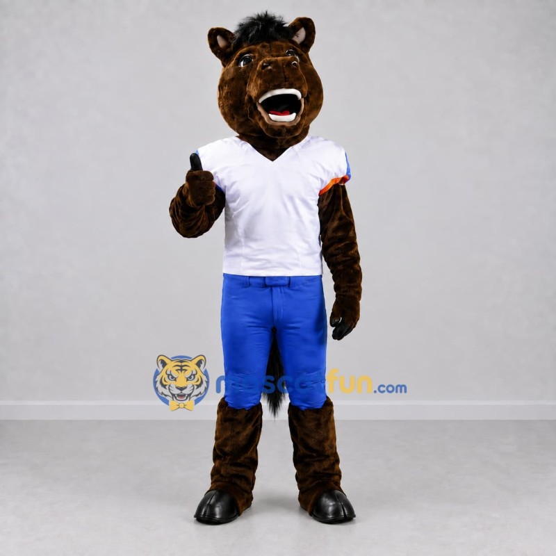 Custom Brown White and Blue Horse Mascot Costume Adult Full Body Suit for Sports Events