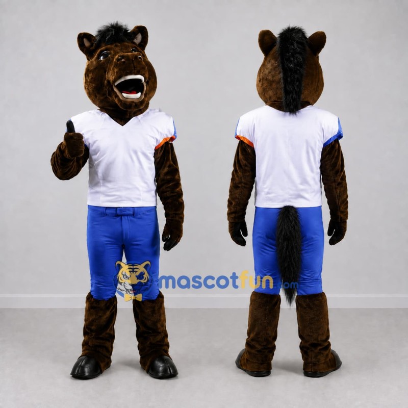 Custom Brown White and Blue Horse Mascot Costume Adult Full Body Suit for Sports Events