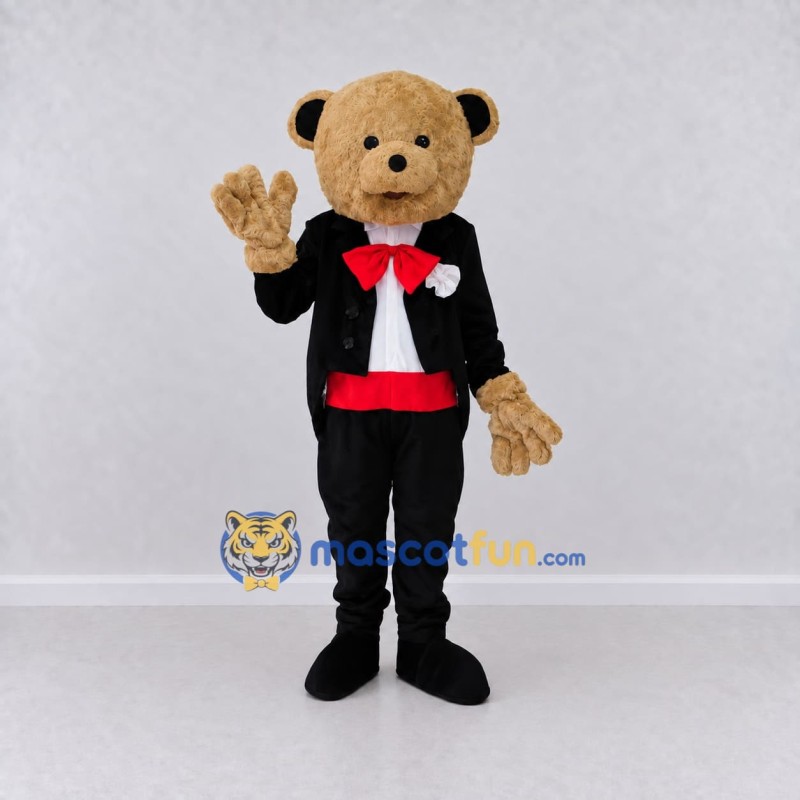 Custom Beige Black and Red Tuxedo Bear Mascot Costume Adult Full Body Suit for Themed Events Custom Beige Black and Red Tuxedo Bear Mascot Costume Adult Full Body Suit for Themed Events