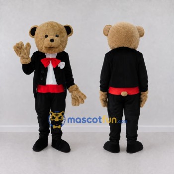 Custom Beige Black and Red Tuxedo Bear Mascot Costume Adult Full Body Suit for Themed Events