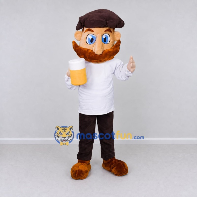 Custom White Brown and Black Bearded Man Mascot Costume Adult Full Body Suit for Beverage Festivals Custom White Brown and Black Bearded Man Mascot Costume Adult Full Body Suit for Beverage Festivals