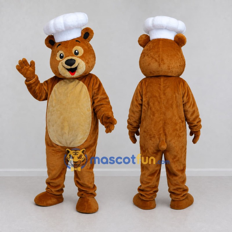Custom Golden Brown and White Chef Bear Mascot Costume Adult Full Body Suit for Food Festivals Custom Golden Brown and White Chef Bear Mascot Costume Adult Full Body Suit for Food Festivals