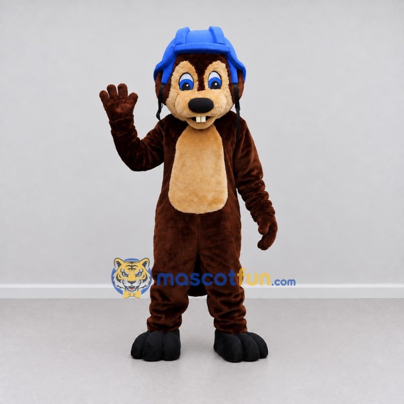 Custom Brown and Blue Helmeted Rodent Mascot Costume Adult Full Body Suit for Sports Events Custom Brown and Blue Helmeted Rodent Mascot Costume Adult Full Body Suit for Sports Events