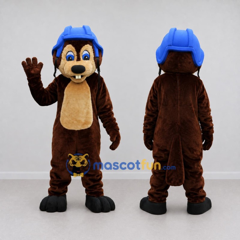 Custom Brown and Blue Helmeted Rodent Mascot Costume Adult Full Body Suit for Sports Events Custom Brown and Blue Helmeted Rodent Mascot Costume Adult Full Body Suit for Sports Events