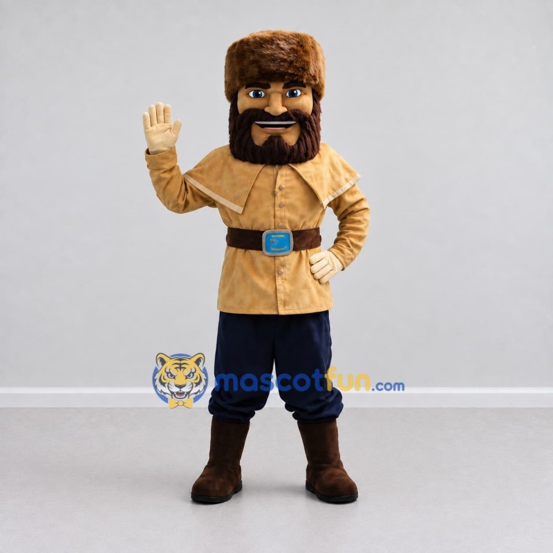Custom Tan Brown and Navy Blue Frontiersman Mascot Costume Adult Full Body Suit for Historical Events Custom Tan Brown and Navy Blue Frontiersman Mascot Costume Adult Full Body Suit for Historical Events