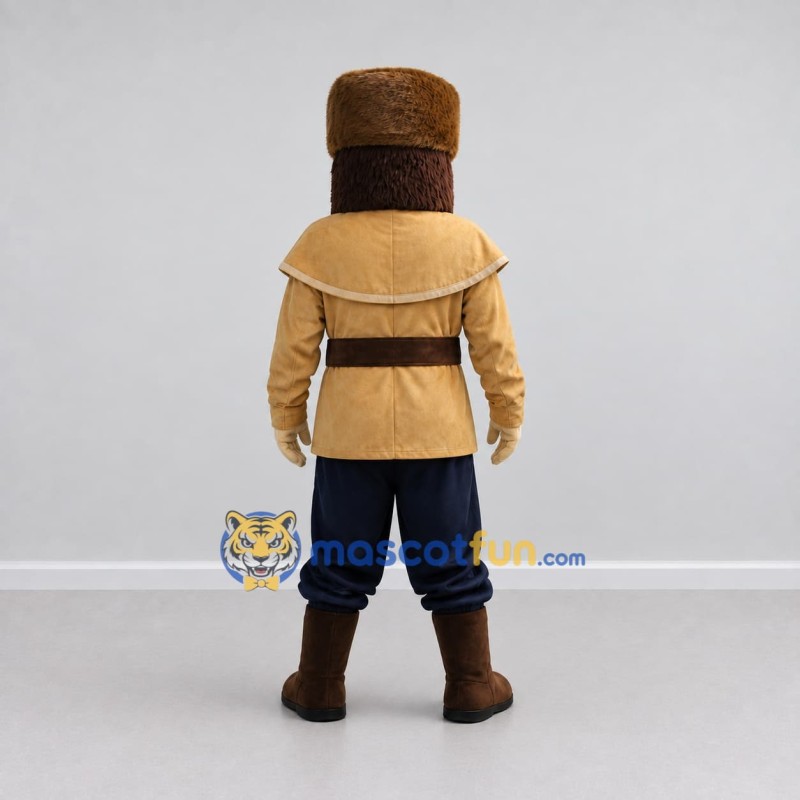 Custom Tan Brown and Navy Blue Frontiersman Mascot Costume Adult Full Body Suit for Historical Events Custom Tan Brown and Navy Blue Frontiersman Mascot Costume Adult Full Body Suit for Historical Events
