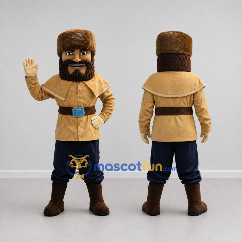 Custom Tan Brown and Navy Blue Frontiersman Mascot Costume Adult Full Body Suit for Historical Events Custom Tan Brown and Navy Blue Frontiersman Mascot Costume Adult Full Body Suit for Historical Events