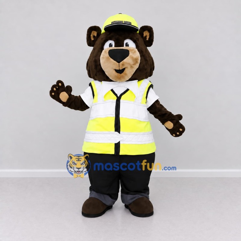 Custom Brown Yellow and Black Safety Patrol Bear Mascot Costume Adult Full Body Suit for Road Safety Events