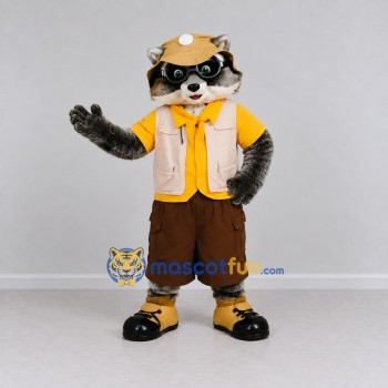 Custom Gray Yellow and Brown Explorer Raccoon Mascot Costume Adult Full Body Suit for Nature Events