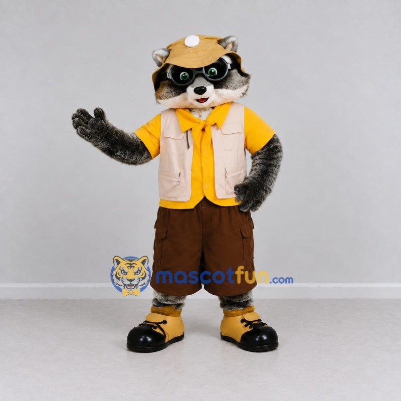 Custom Gray Yellow and Brown Explorer Raccoon Mascot Costume Adult Full Body Suit for Nature Events Custom Gray Yellow and Brown Explorer Raccoon Mascot Costume Adult Full Body Suit for Nature Events