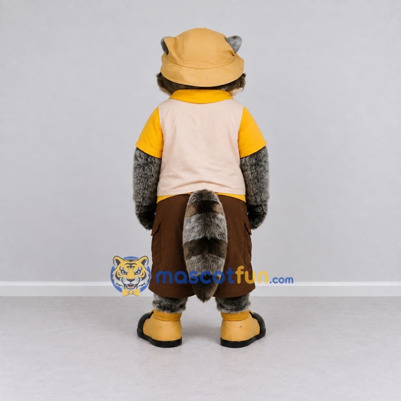 Custom Gray Yellow and Brown Explorer Raccoon Mascot Costume Adult Full Body Suit for Nature Events Custom Gray Yellow and Brown Explorer Raccoon Mascot Costume Adult Full Body Suit for Nature Events