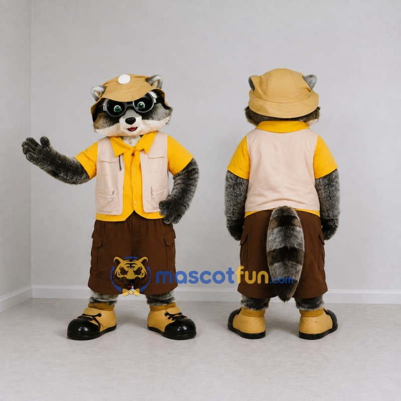 Custom Gray Yellow and Brown Explorer Raccoon Mascot Costume Adult Full Body Suit for Nature Events Custom Gray Yellow and Brown Explorer Raccoon Mascot Costume Adult Full Body Suit for Nature Events