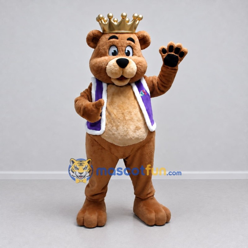 Custom Brown Purple and Gold King Bear Mascot Costume Adult Full Body Suit for Themed Events
