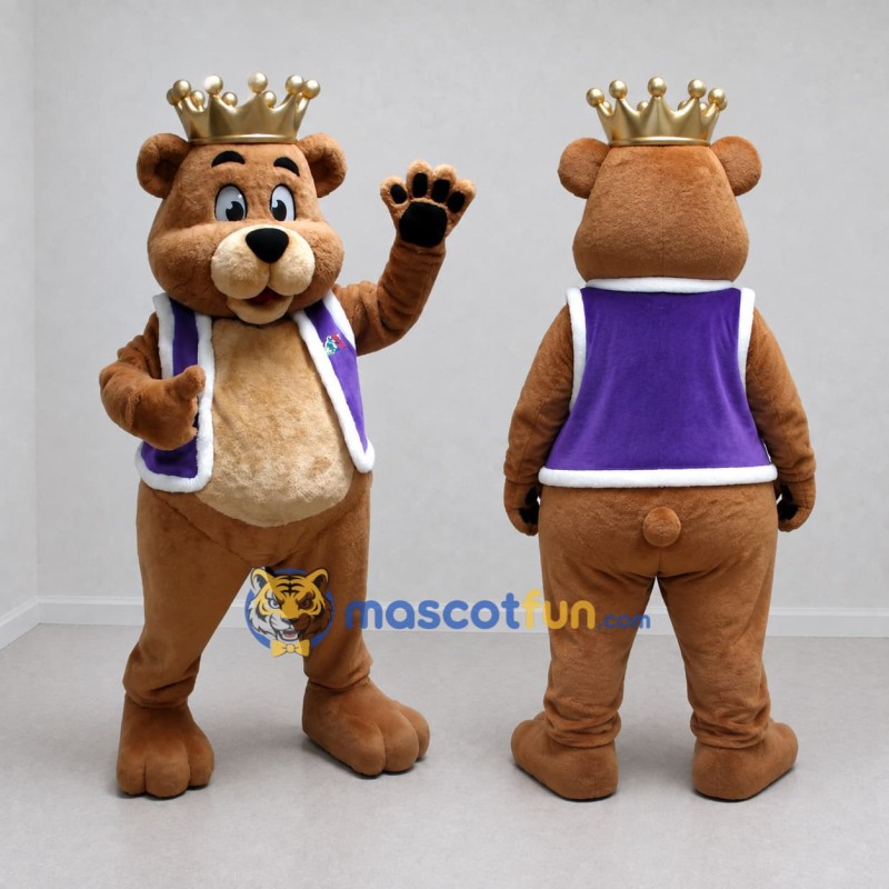 Custom Brown Purple and Gold King Bear Mascot Costume Adult Full Body Suit for Themed Events