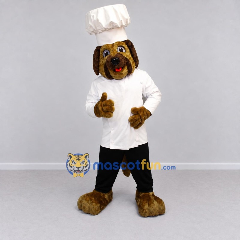 Custom Brown White and Black Chef Dog Mascot Costume Adult Full Body Suit for Food Festivals