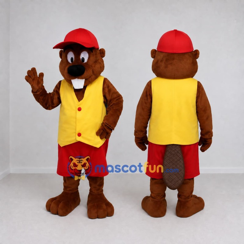 Custom Brown Yellow and Red Beaver Mascot Costume Adult Full Body Suit for School Events