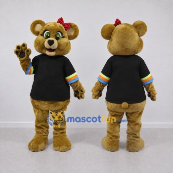 Custom Golden Tan Black and Red Bear Mascot Costume Adult Full Body Suit for School Events