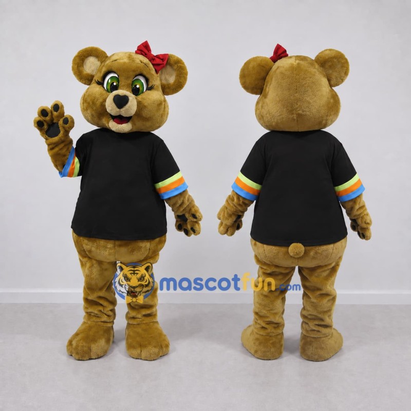 Custom Golden Tan Black and Red Bear Mascot Costume Adult Full Body Suit for School Events Custom Golden Tan Black and Red Bear Mascot Costume Adult Full Body Suit for School Events