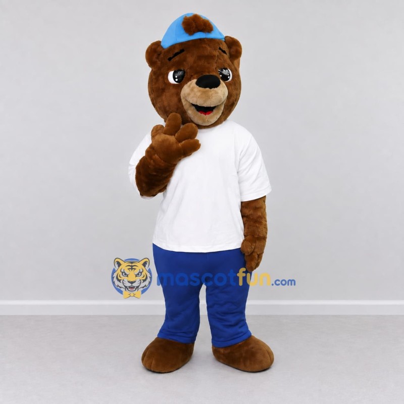 Custom Brown White and Blue Bear Mascot Costume Adult Full Body Suit for School Events Custom Brown White and Blue Bear Mascot Costume Adult Full Body Suit for School Events