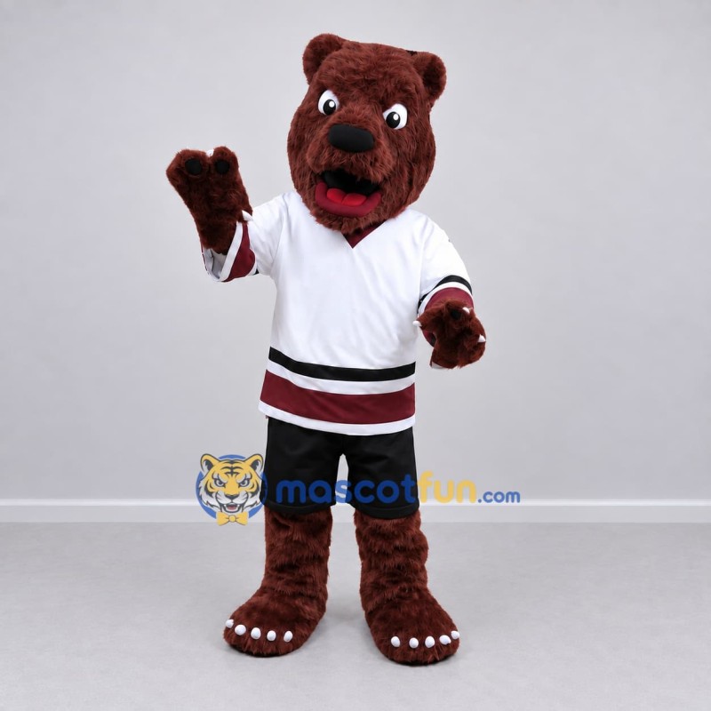 Custom Burgundy White and Black Hockey Bear Mascot Costume Adult Full Body Suit for Sports Events Custom Burgundy White and Black Hockey Bear Mascot Costume Adult Full Body Suit for Sports Events