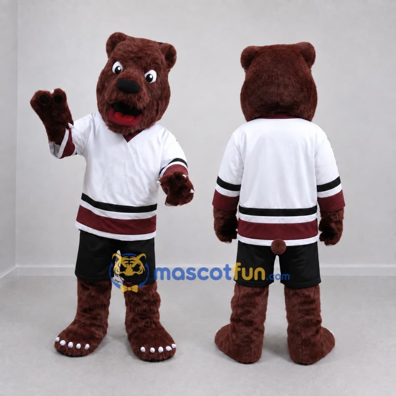 Custom Burgundy White and Black Hockey Bear Mascot Costume Adult Full Body Suit for Sports Events Custom Burgundy White and Black Hockey Bear Mascot Costume Adult Full Body Suit for Sports Events