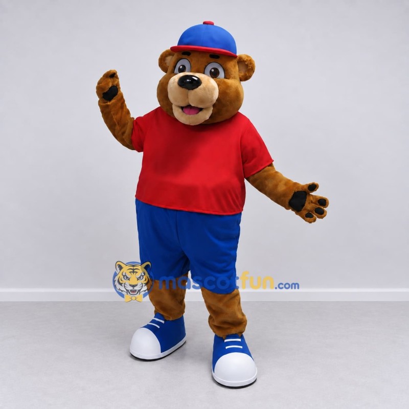 Custom Brown Red and Blue Bear Mascot Costume Adult Full Body Suit for School Events