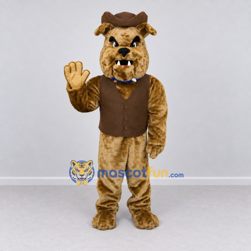 Custom Tan and Brown Cowboy Bulldog Mascot Costume Adult Full Body Suit for Western Events Custom Tan and Brown Cowboy Bulldog Mascot Costume Adult Full Body Suit for Western Events
