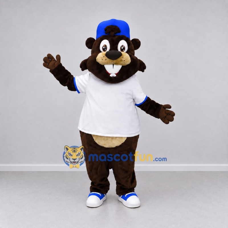 Custom Brown White and Blue Beaver Mascot Costume Adult Full Body Suit for School Events