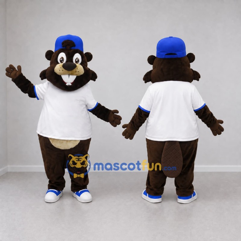 Custom Brown White and Blue Beaver Mascot Costume Adult Full Body Suit for School Events