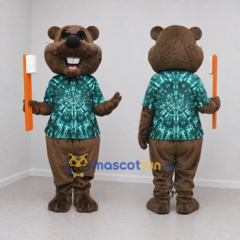 Custom Brown and Teal Rodent Mascot Costume Adult Full Body Suit for Dental Awareness Events
