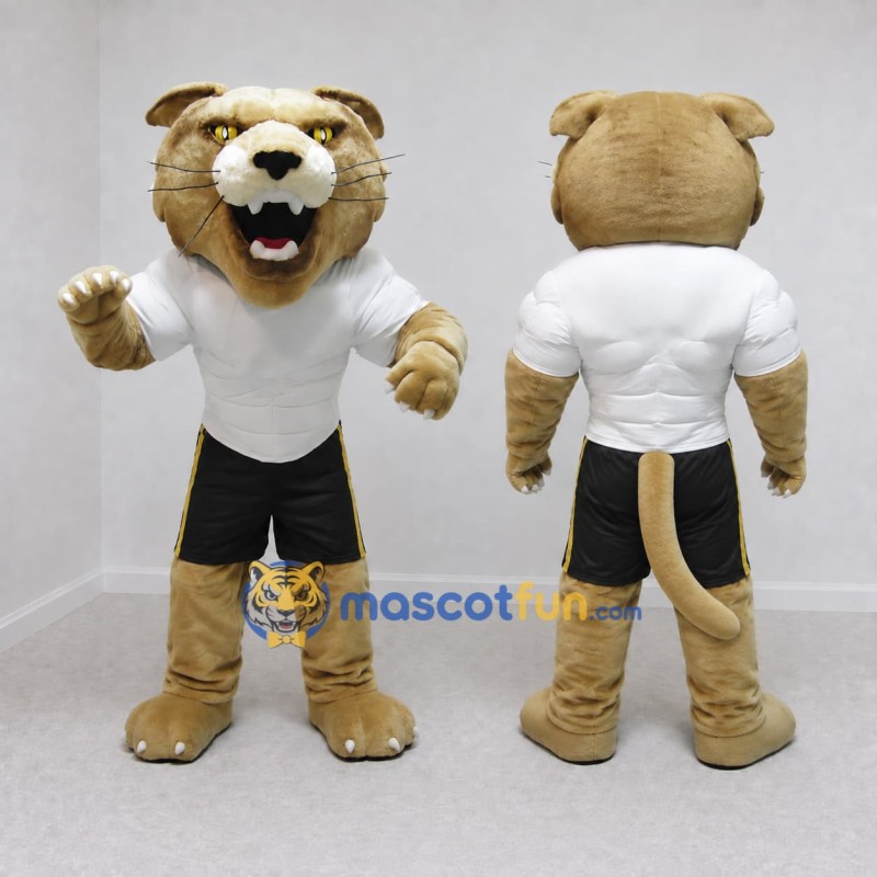 Custom Tan White and Black Cougar Mascot Costume Adult Full Body Suit for Sports Events Custom Tan White and Black Cougar Mascot Costume Adult Full Body Suit for Sports Events