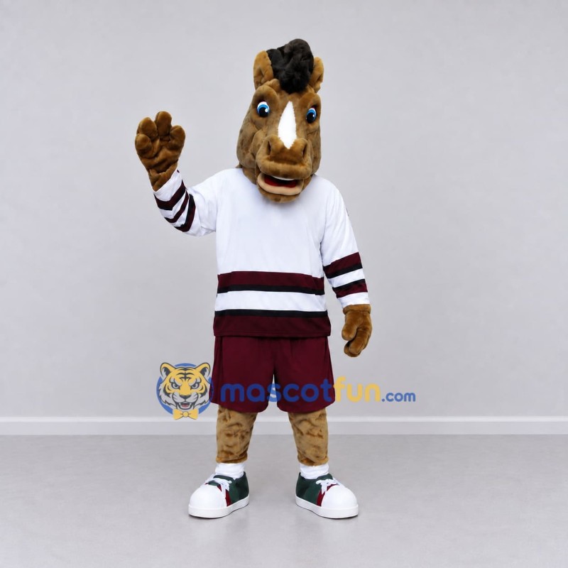 Custom Brown White and Burgundy Hockey Horse Mascot Costume Adult Full Body Suit for Sports Events Custom Brown White and Burgundy Hockey Horse Mascot Costume Adult Full Body Suit for Sports Events
