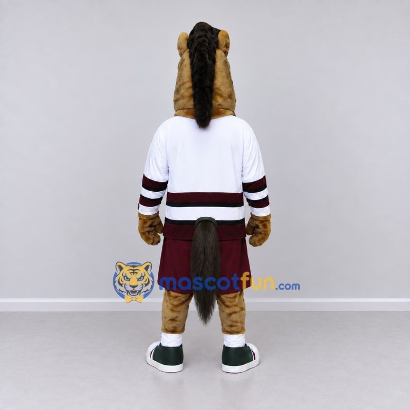 Custom Brown White and Burgundy Hockey Horse Mascot Costume Adult Full Body Suit for Sports Events Custom Brown White and Burgundy Hockey Horse Mascot Costume Adult Full Body Suit for Sports Events