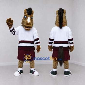 Custom Brown White and Burgundy Hockey Horse Mascot Costume Adult Full Body Suit for Sports Events