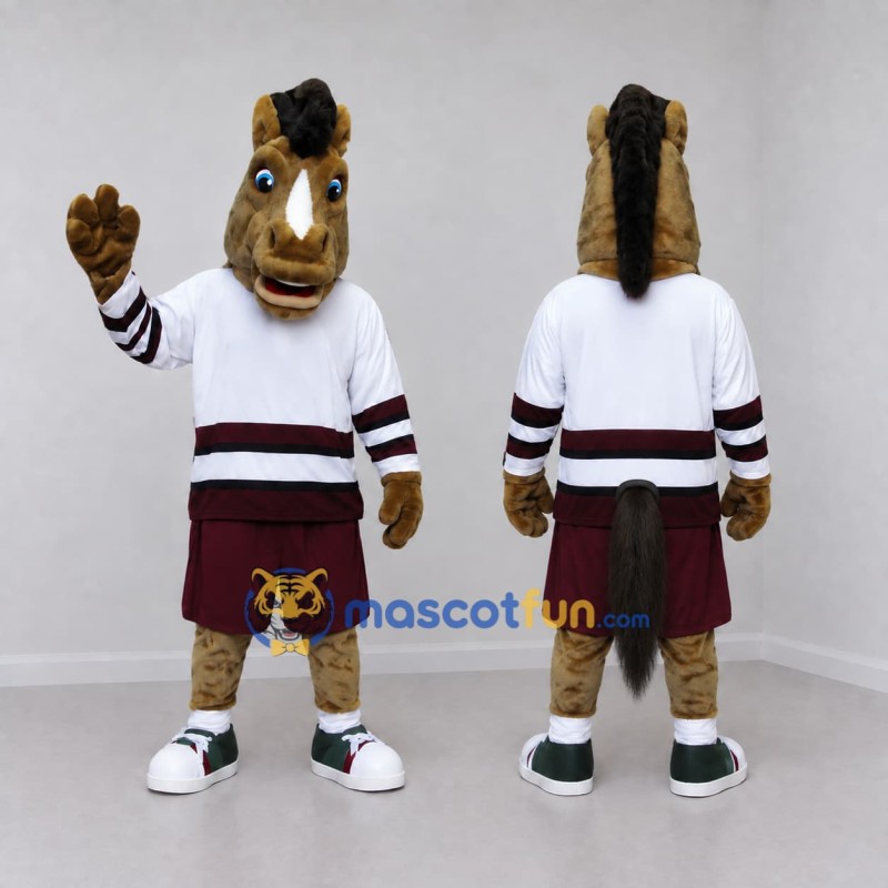 Custom Brown White and Burgundy Hockey Horse Mascot Costume Adult Full Body Suit for Sports Events Custom Brown White and Burgundy Hockey Horse Mascot Costume Adult Full Body Suit for Sports Events