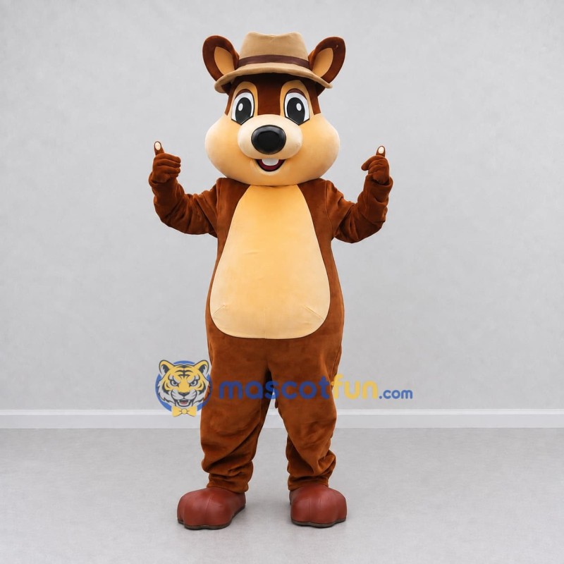 Custom Brown and Tan Hat Wearing Rodent Mascot Costume Adult Full Body Suit for Themed Events Custom Brown and Tan Hat Wearing Rodent Mascot Costume Adult Full Body Suit for Themed Events