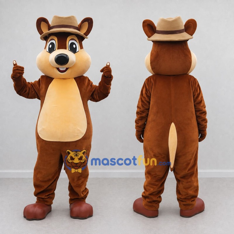 Custom Brown and Tan Hat Wearing Rodent Mascot Costume Adult Full Body Suit for Themed Events Custom Brown and Tan Hat Wearing Rodent Mascot Costume Adult Full Body Suit for Themed Events